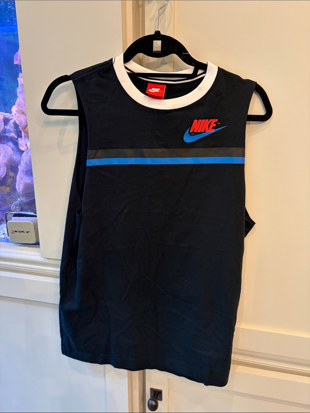 Nike Black Muscle Tank with Blue Stripe and Red Logo